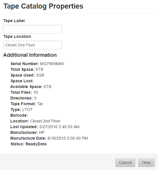tape catalog properties