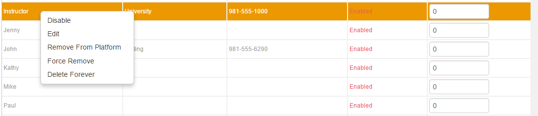 user grid right click options